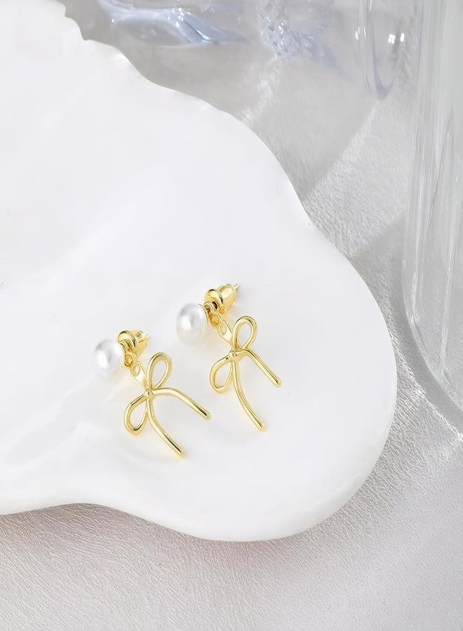 ecozran Elegant 14K Gold Plated Pearl Huggie Earrings for Women Trendy Hoop Earrings with Twisted Rope Bow Stud and Pearl - Ideal Jewelry Gift (Gold Bow-F) - Image 5